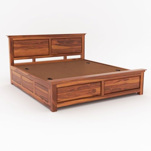 Image of Sheesham Wood King Size Bed with Storage Box | Wooden Box Bed King Size Double Cot Bed with Storage for Bedroom | Premium 2 Dalla Design Headboard Bed for Hotel, Home | Honey Finish