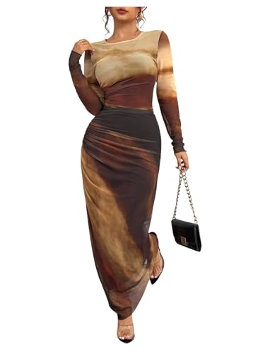 BEAUDRM Women's Fall Wedding Guest Dress Long Sleeve Cocktail Date Night Sexy Y2K Bodycon Ruched Mesh Formal Maxi Dresses Ginger XX-Large