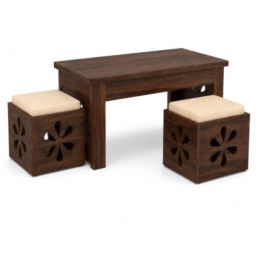 Image of Solid Sheesham Wooden Coffee Table With 2 Cushioned Stool|Teapoy Center Piece for Home Sofa Center Table for Living /Drawing Room,Hall|Space Saving Tea Table Set(Walnut Finish)Floral Jali