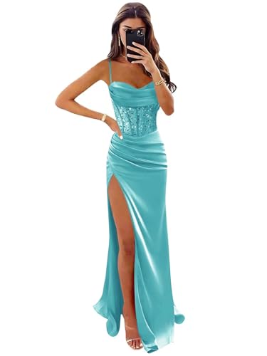 Wchecalino Aqua Beaded Sequin Corset Prom Dresses for Women Long Halter Mermaid Satin Evening Party Dress with Slit 2