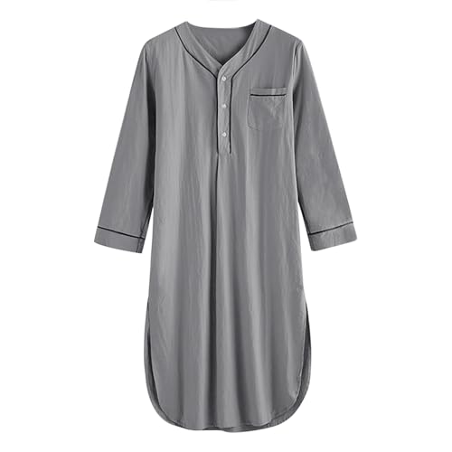 JIAHG Mens Muslim Kaftan Thobe Loose Pure Color V-Neck Linen Robe Long Sleeve Islamic Middle East Cotton Casual Shirt Robes3