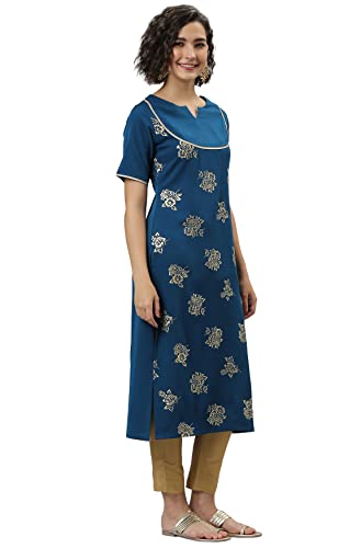Image of Janasya Women's Teal Gold Printed Poly Crepe Kurta