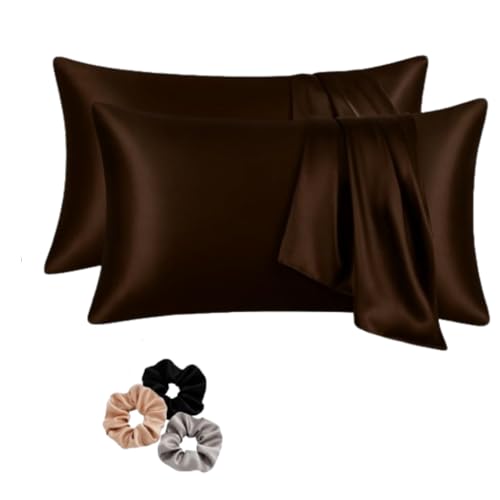 Image of Craftelio Satin Pillow Covers Set of 2 with 3 Free Random Color Hair Scrunchies - Anti-Frizz, Skin-Friendly, Soft & Durable Pillowcase Set for All Hair Types (Brown)
