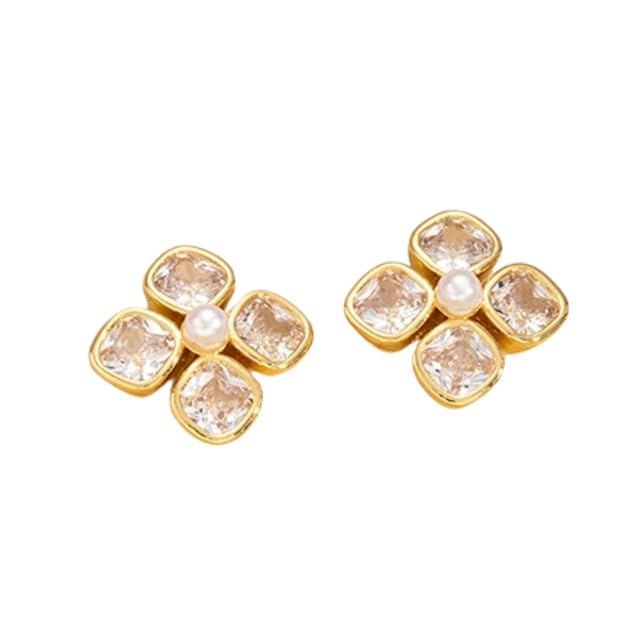 Four-Leaf Clover Pearl Zircon Earrings for Women Square Design-image-23