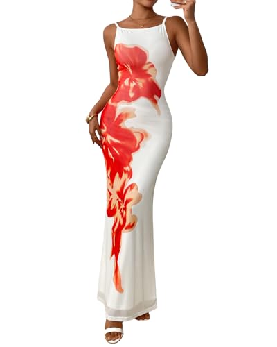 PRETTYGARDEN Womens Summer Dresses 2025 Elegant Spaghetti Straps Evening Gown Floral Print Bodycon Maxi Mesh Sundress(White and Orange Floral,XX-Large) PRETTYGARDEN Womens Summer Dresses 2025 Elegant Spaghetti Straps Evening Gown Floral Print Bodycon Maxi Mesh Sundress(White and Orange Floral,XX-Large)