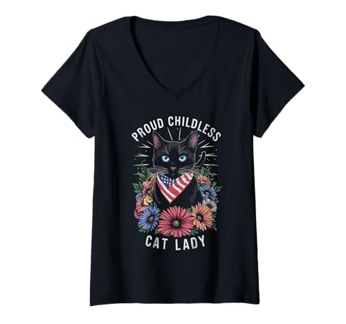 Womens Childless Cat Lady Kamala Harris Walz 2024 Black Cat Mom USA V-Neck T-Shirt