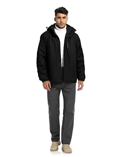 Purltoan Coats For Men Waterproof Insulation Fleece Hooded Jackets Winter Ski Snow Soft Shell Windbreaker Jacket With Multi Pockets Black 3Xl #TOP1