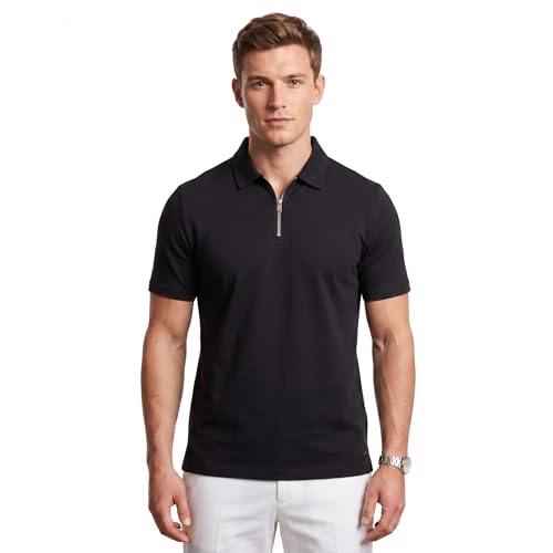 Image of Nicce Men’s Luxe Quarter Zip Polo Shirt – Premium Cotton Blend Short Sleeve Polo – Smart Casual Tailored Fit – Black