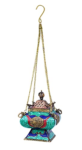 Mudra Crafts Tibetan Incense Burner – Hanging Censer Incense Burner With Chain – Brass Incense Burner With Lid For Resin Charcoal (Gemstone Inlay) #TOP15