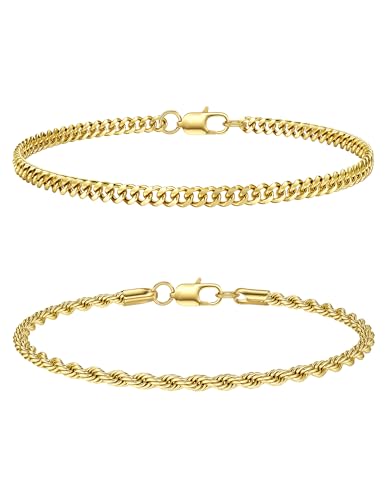 CASSIECA 2Pcs Pulsera Hombre Pulseras para Hombres Acero Inoxidable Apilable Pulseras Oro para Hombres Niños Pulseras Cuerda Cubana 21CM Regalos para Papá Esposo Hijo