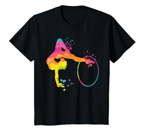 Ginnasta con Cerchio Ragazze Bambini Ginnastica Ritmica Maglietta, Bambini, Nero, 10 Anni