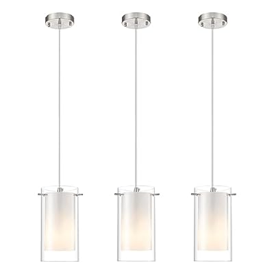 AKEZON 3-Light Pendant Light, Indoor Glass Hanging Light Fixture, Adjustable Height, Brushed Nickel Finish for Kitchen Dining Room