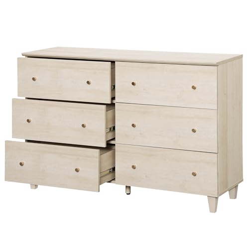 Image of WAMPAT 6-Drawer Dresser for Bedroom, Modern Chest of Drawers with Gold Knobs, 47.2 Inch Wide Light Oak Wood Finish Storage Organizer for Kids Room, Living Room, Nursery