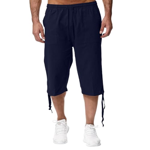 Mens Summer Linen Capri Pants Baggy Wide Leg Capris Pants Elastic Waist Oversized Lightweight Pocket Lounge Crop Pant2