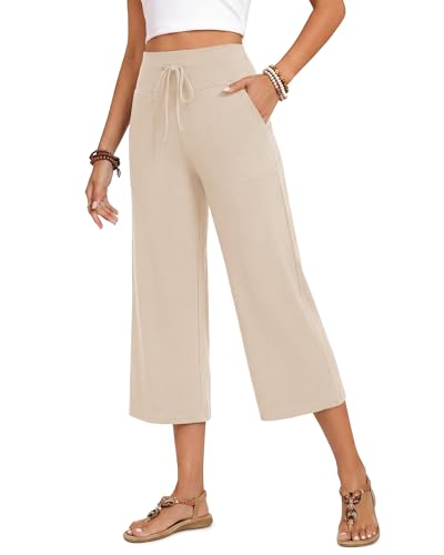 Image of ZOOSIXX Capri Pants for Women - Wide Leg Loose Casual Trousers with Pockets Summer High Waisted Drawstring Pants