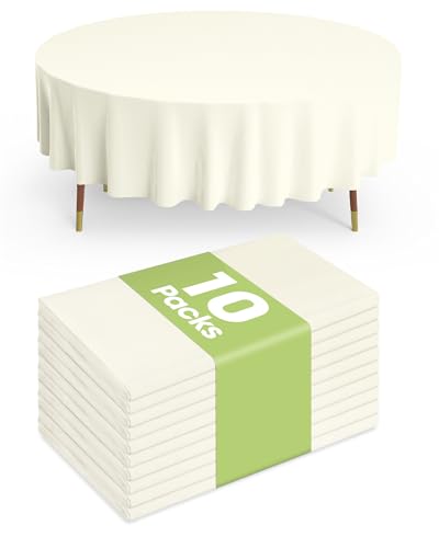 Image of Pureegg Plastic Table Cloth Disposable 10 Pack, 84'' Round Table Cloths, Party, Wedding, Thanksgiving Decorations, Fall Tablecloths, Round, Beige Plastic Cover, Leakproof & Sturdy, Cream, Ivory