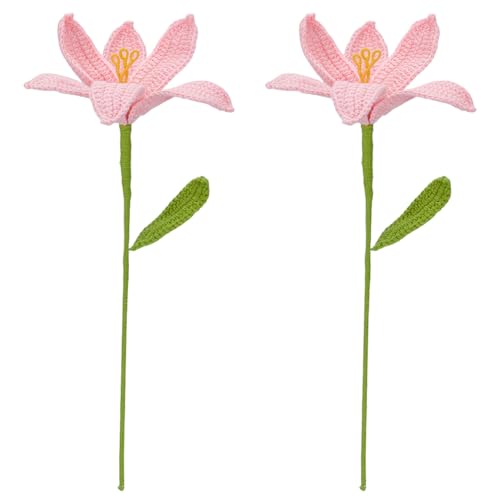 FINGERINSPIRE 2 Pz Fiori di Giglio Artificiali Fatti a Mano All'Uncinetto con Sacchetti, Giglio Rosa Bouquet di Fiore in Cotone Lavorato a Maglia con Filo di Ferro All'Uncinetto per Decorazioni