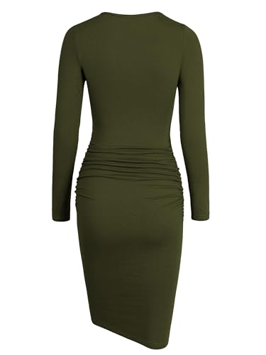 Image of Missufe Women's Long Sleeve Slim Ruched Bodycon Dress 2025 Trendy Fall Casual Round Neck Sheath Knee Length Outfits Clothes