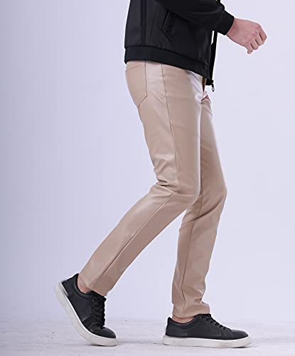 Men`s Summer Business Thin Slim Fit PU Dress Faux Leather Pants Jeans Khaki/334