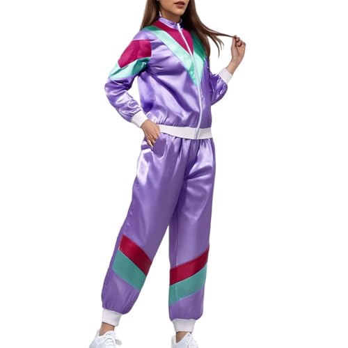 Genérico Fato de fato de treino, casaco e calças, roupa dos anos 80, fato de treino para carnaval e festas, roxo, XL