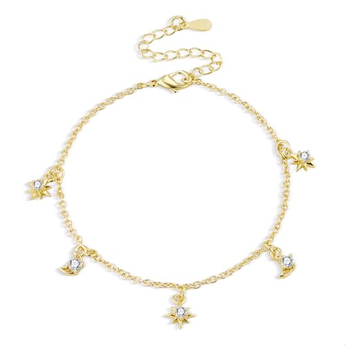 ASH'S CHOICE Bracelet Étoile Lune en Zircon Or Femme, Argent 925, Réglable Bracelets, Simples Brillant Bracelet Cadeaux Bijoux de Noël Anniversaire...
