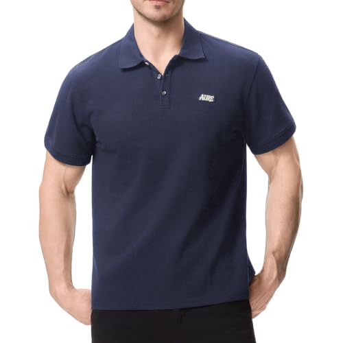 Image of Aureonus Men's Polo Shirts Cotton Outdoor Sport Shirts Sleeve Knitted Stretch Golf Vertical Striped Polo T-Shirt Blue XL