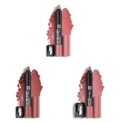 Image of Colors Queen Color It All Non Transfer Lip Crayon Lipstick | Long Lasting Matte Lipstick Combo Pack (Confident, Love, Nude Bomb, 10.5g)