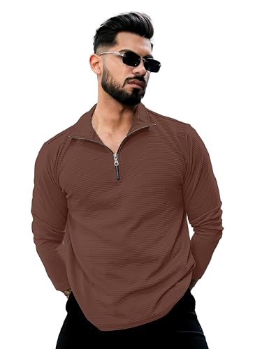 Image of KAJARU Men's Quarter Zip Pullover T-Shirt, Textured Ribbed Long Sleeve, Casual Mock Neck