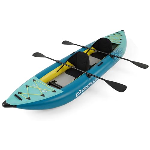 COSTWAY Kajak aufblasbar 2 Personen, aufblasbares Kanu mit Aluminiumrudern, gepolsterten Sitzen, Handpumpe und Reparaturset, Schlauchboot mit Tragetasche, 230 kg Gewichtskapazität (Blau)