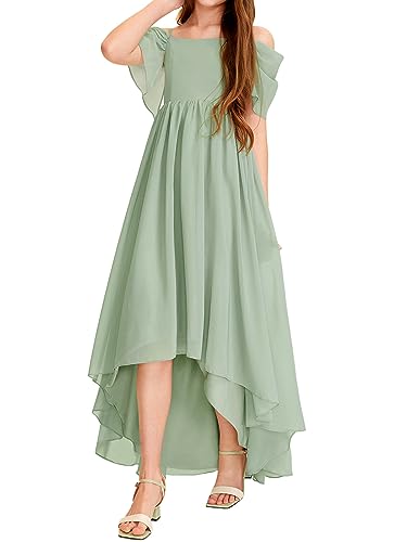 Haloumoning Girls Cold Shoulder Dress A-line Asymmetrical Chiffon Junior Bridesmaid Birthday Party Dress4