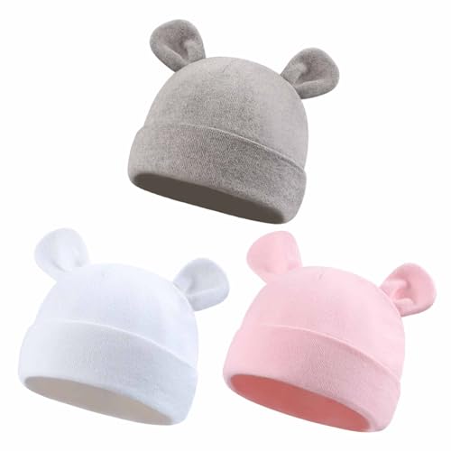 Image of Duoyeree Baby Hat Newborn Hat Adorable Cotton Bear Ear Beanie Cap for Infant Girl Boy 0-6 Months (Pink White Grey)