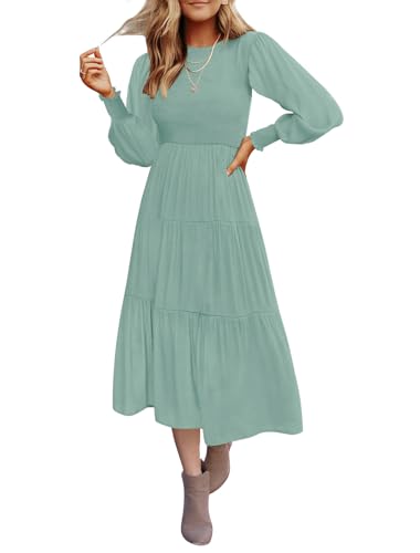 ZESICA Women's Casual Long Sleeve Crew Neck High Waist Smocked Flowy Tiered Midi Dress,Sage,Medium
