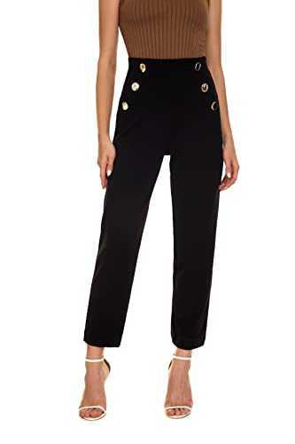 Women's Casual High Waisted Ankle Cropped Pants Elastic Waistband Slant Pockets with Metal Buttons