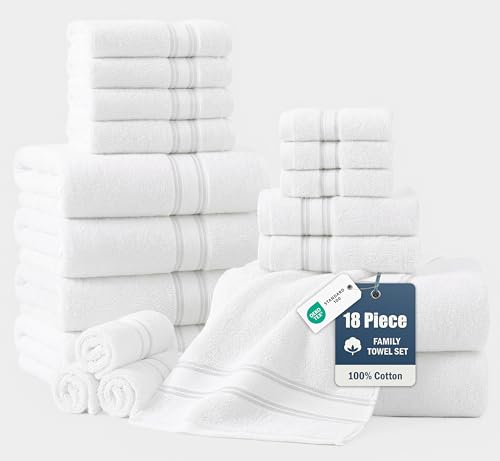 LANE LINEN Towel Set of 18 – Premium 100% Cotton, Zero Twist, 6 Large Bath Towel, 6 Hand Towels & 6 Wash Cloths, Quick Dry & Long-Lasting, Perfect for Family Bathrooms, Easy Care – White Towels