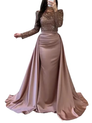 Sexy Mermaid Sequin Evening Gown Dress Luxury Long Sleeves Floor Length Illusion Neck Pearls Overskirt Dress 2025