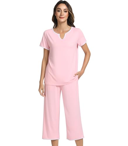 Image of NACHILA Women's Pajamas Set-Viscose Made from Bamboo,Short Sleeve Sleepwear Soft Pjs with Capri Pants Loose Loungewear
