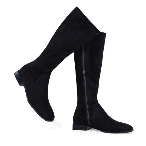 Image of GENSHUO Knee High Boots for Women Comfy Flat Heel Vintage Square Toe Fall Winter Solid Side Zipper Costume Knight Booties