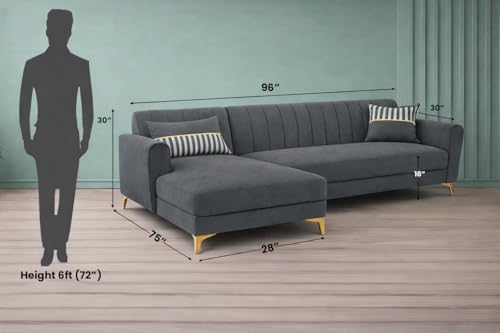 Image of Adorn India Premium Luster 8 Seater L Shape Sofa Set with 2 Puffy & 1 Center Table | Velvet Suede Fabric | 3-Year Warranty | LHS | Dark Grey with Golden Legs & Striped Pattern Cushion
