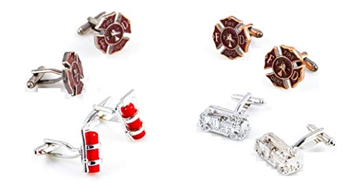 MRCUFF Presentation Gift Box Fire Department Truck Extinguishers Fireman 4 Pairs Cufflinks & Polishing Cloth