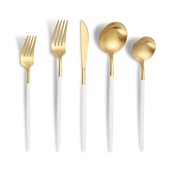 Matte White Gold Silverware Set for 6,Modern Stainless Steel Brushed Cutlery Set,30-Pieces Heavy Duty Flatware Set,Knives Spoons and Forks Set Utensils Set, Satin Finish, Dishwasher Safe