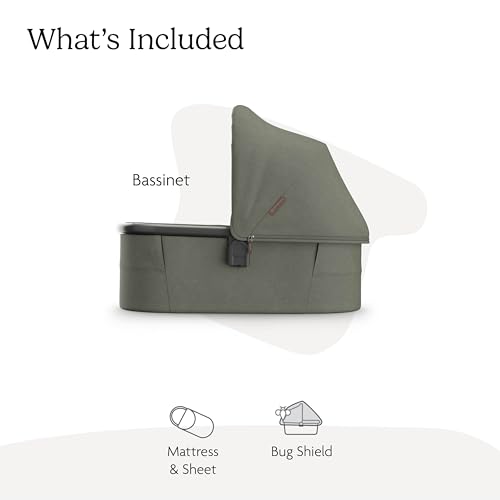 Image of UPPAbaby Bassinet V3 - Compatible with Vista, Cruz, Ridge Strollers - Overnight Sleep Solution - Mattress, Sheet and Bug Shield Included - Evelyn (Meadow Green)