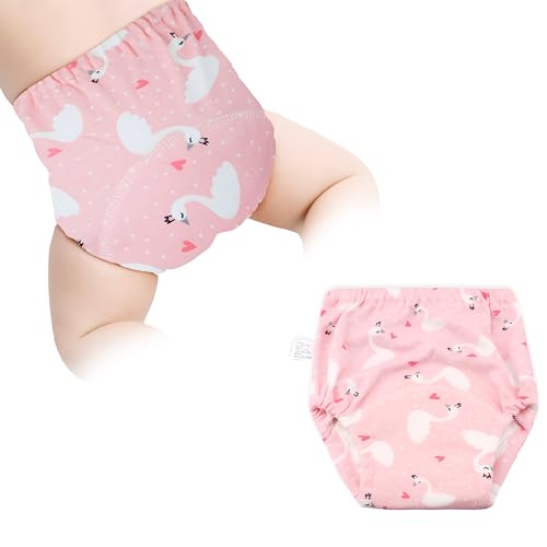 Image of Bembika Baby Training Pant - Soft Cotton, Reusable, and Leak-Resistant Potty Training Pants for Kids Padded Underwear for Babies to Support a Smooth Diaper Free Transition (M Size For 12-18 Months Pink Swan Theme)