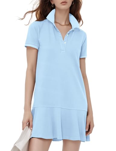 Image of Flygo Womens Polo Dress Summer Short Sleeve Ruffle T Shirt Dress | V Neck Lapel Henley Collar, Three Button Placket, Soft Pique Fabric, Short Mini Tunic Dress, Preppy Golf Tennis Activewear