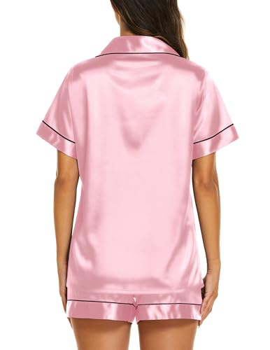 Image of Ekouaer Silk Pajamas for Women Short Sleeve Sleepwear Soft Button Down Loungewear 2 Piece Satin Pjs Shorts Set