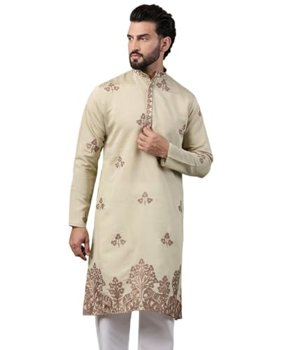 Image of SOJANYA (Since 1958 Men's Cotton Contrast Coffee Thread Embroidered Long Kurta