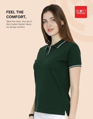 Image of Scott International Women's Cotton Polo T-Shirt | Half Sleeve Plain Collar Tee | Stylish Casual Top | Plain T-Shirt for Girls | Workwear for Office & Casual Wear