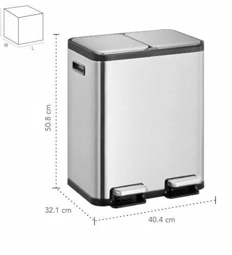 Image of Obsessions EKO Stainless Steel Step Trash Can for Recycling, 15+15L Rectangular Kitchen Dustbin, Independent Pedals and Lids, Soft Close and Fingerprint Resistant, Metallic
