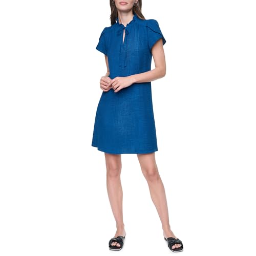 Image of DKNY Women's Front Tie Ruffle Neckline Trapeze Dress