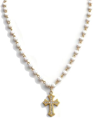 Pearl Necklace 14K Gold Plated Cross Pendant Inlaid with Diamonds Charm Jewelry Gift