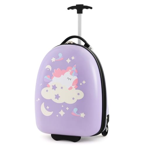 HONEY JOY Kids Luggage, 16” Children Rolling Suitcase w/Wheels & Telescopic Handle, Hard Shell Lightweight Travel Luggage for Toddlers, Carry On Luggage with Wheels for Boys Girls(Purple Unicorn)